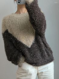 Women's Sweaters JIAMI Women Knitted Soft Jumper High Quality Sequin Fluffy Fuzzy Sweater Brown/Grey Vintage Pullover Autumn/Winter Tops