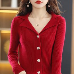 Cardigans Pure Wool Knitted Cardigan Women's Spring and Autumn New Loose and Thin Exquisite Women's Clothing Chic Lapel Cashmere Sweater