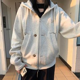 Women's Hoodies Fall And Winter 2023 Solid Zip Up Hoodie Oversized Sweatshirt Buttons Zippered Jacket Harajuku Women Clothes Aesthetic