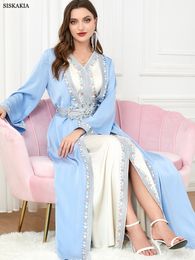 Ethnic Clothing Moroccan Womens Dress Elegant Muslim 2 Pieces Set Floral Embroidery Guipure Lace Tape Belted Kaftan Happy Eid Mubarak 230426