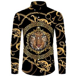 Men's Casual Shirts Golden Lion Pattern 3D Print Men Long Sleeve Turndown Collar Button Tops Fashion Baroque Style Streetwear Clothing 230426