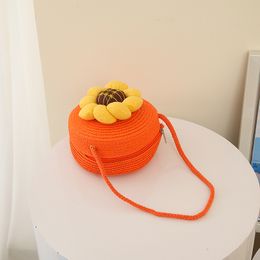 Caps Hats Infant Kid Baby Girls Straw Bag Plush Sunflower Solid Shoulder Round Shape Princess Flexible Belt Handbag 8colors 110years 230426