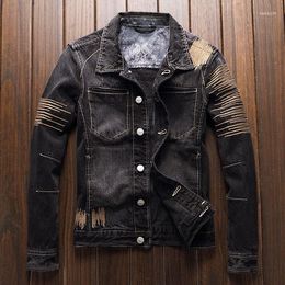 Men's Jackets BONJEAN Men's Black Denim Vintage Classic Biker Motorcycle Jacket Retro Slim Fit Embroidery Distressed Jeans Coat Drop