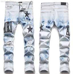 European Trend Jean Man Letter Star Jean Men Embroidery Patchwork Ripped Jeans Trend Brand Motorcycle Pant Mens Skinny Jeans