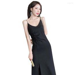 Casual Dresses Sexy V-Neck Strap Dress Women 2023Summer Ladies Mid-Length Black Autumn Elegant Base Vestidos H12