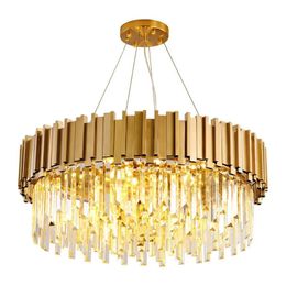 Round Gold Chandelier Lighting K9 Crystal Stainless Steel Modern Pendant Lamp for Kitchen Dining Room Bedroom Bedside Light