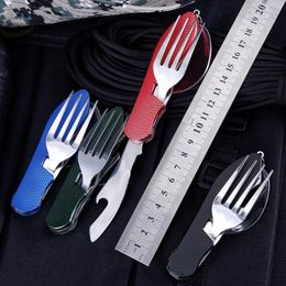 Dinnerware Sets Portable 4 In 1 Stainless Steel Travel Utensil Foldable Knife Fork Spoon Bottle Opener MultiFunction Eating Flatware