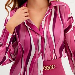 Women's Blouses Digital Print Women Shirt Chic Striped Cardigan Mid-length Single-breasted Buttoned Blouse For Effortless