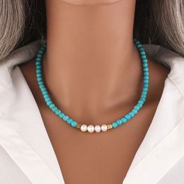 2023 Handmade Natural Freshwater Pearl And Faceted Turquoise Beaded Necklace For Mother's Day Round Bead Strand Bohemian Choker Jewelry Gift