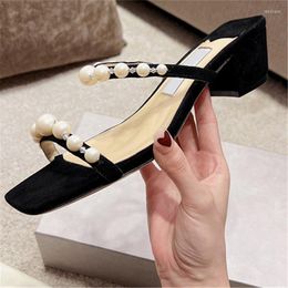 Slippers String Beading Belt Shoes For Women Pearls Ladies Churry Heels Front Strap Sandalias Chaussure Femme Zapatos De Mujer