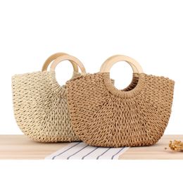 2-color New Wooden handle carrying straw woven wrapping paper rope hand woven beach bag