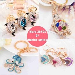 Key Rings Fashion Rhinestone Crystal Metal Keychain Lovely Cartoon Marine Style Tortoise Fish Dolphin Keyring HandBag Car Pendant Gift J230427