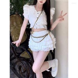 Work Dresses 2023 Spring For Women Korean Style Suit White Hollow Out Shirt Cake Skirt 2 Pieces Sets Tight-fitting Retro Y2k