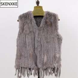 Fur New Lady Knitted Genuine Rabbit Fur Vests 100% Natural Rabbit Fur Gilets Women Winter Knit Tassel Rabbit Fur Sleeveless Jackets