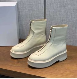 The row white smooth Leather Ankle Chelsea Boots platform zip slip-on round Toe block heels Flat Wedges booties chunky boot luxury boots designer womens 125