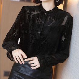 T-Shirt Turtleneck lace women's hollow ruffled knit sweater 2020 autumn and winter new style with base cardigan top sexy blouse