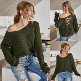 Women's Sweaters Sweater 2023 Autumn And Winter Off Shoulder Bandage Pullover SweaterWomen's