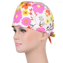Berets Hennar Women Scrub Caps Flowers Pattern Lab Cap Cotton Adjustable Skull For