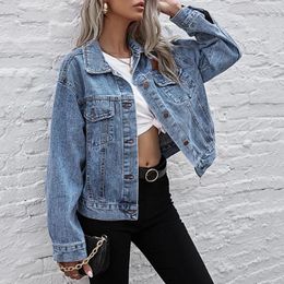 Women's Jackets Women Vintage Jean Jacket Casual Lapel Button Down Long Sleeve Pocket Distressed Oversize Denim Teen Girls Coat Warm Up Full