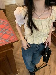 Women's T Shirts GGB3058 Sweet 2023 Western Style Pleated Wood Ear Edge Short Fashion Square Neck Slim Fit Sleeve Shirt For Women