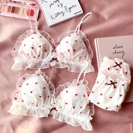 Bras Sets young girls small wire free sleep underwear lace love embroidery thin cup with pad Japanese lingerie bra and panty set 230427