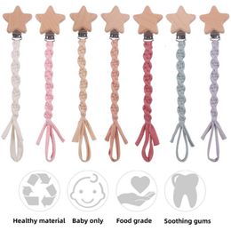 Pacifier Holders Clips# Beech Wood Pentagram Baby Clips Hand Braided Cotton Cloth Chain For Teething Nipple Shower Gifts 230426