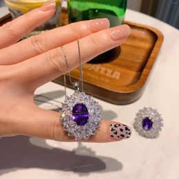 Necklace Earrings Set Jewellery European And American Fashion Purple Blue Zirconia Pendant Ring 10 14 6 8 Three Piece