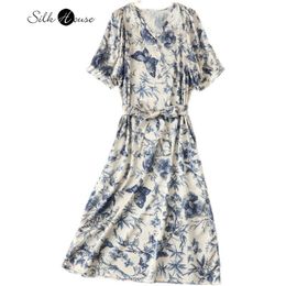 Dresses French Bubble Sleeve Silk Dress Vneck Loose Blue and White Porcelain Printed 93%Mulberry Silk Women's Medium Length Dress