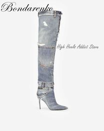 Women Denim Stiletto Over Knee Boots Pointy to Cowboy High Heeled Zip Decor Luxury Design Thigh Boots 2022 Winter New Shoes 230427