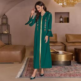 Ethnic Clothing Muslim Abayas For Women Dark Green Flared Sleeve Front Slit Satin Robe Dubai Party Diamond Dress Hooded Turkey Islam