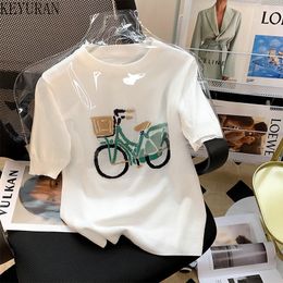 Women's T-Shirt Summer Thin Bicycle Jacquard Knitted Woman Tshirts White Ice Silk Short-Sleeved Sweater Women Pullover Knitwear Top Y2k 230427