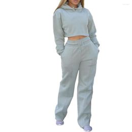Women's Two Piece Pants Solid Hoodie Suit Sets Women Long Wide Leg Trousers Ladies Knitted Casual Streetwear Tracksuit