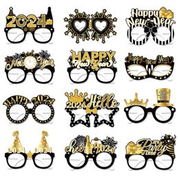 12pcs/set 2024 Happy New Year Photo Frame Decoration Family New Year Eve Party Paper Glasses Photo Booth Props Navidad Christmas Favours