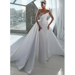 African Arabic Modest Long Sleeve Jewel Neck Wedding Dresses Beading Satin Ruched Illusion Bridal Gowns Vestido De Novia 328 328