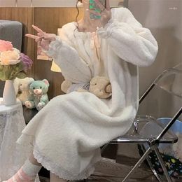 Women's Sleepwear Women Winter Nightdress White Sweet Korean Style Autumn Warm And Fleece Loungewear Woman Home Clothes Suit