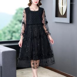 Casual Dresses Three-dimensional Embroidery Retro Hand-made Medium Length Large Size Women's Gauze Dress Female Summer