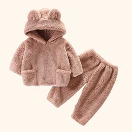 Clothing Sets New Winter Flannel Baby Sets Solid Warm Hooded Baby Sets Homewear Two-piece Set Kids Clothes for Baby Boys Girls