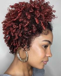 Short brown kinky curly weave ponytail puff bun updo best natural curls highlight red Coloured 100%human hair pony tail with drawstring clip in 10inch about