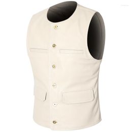 Men's Vests Beige Men's Genuine Leather Vest Cowhide Motorcycle Biker Waistcoat Gentleman Casual Collarless Real Sleeveless Jackets