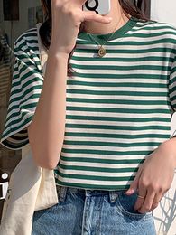 T-Shirt Women Stripes Vintage Tshirt Tops O Neck Short Sleeve Pullover Tshirt 2022 Summer New Korea Cotton Shirt Green Black Y2K