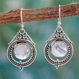 Dangle Earrings Punk Gothic Thai Silver Moonstone Hollow Flower Drop For Women Girls Party Jewellery Gift Eh739