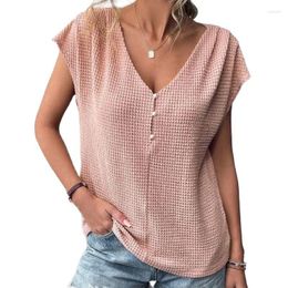 Women's Blouses Women's Blouse 2023 Spring/Summer Waffle Shirt Casual Solid V-Neck Button Pullover Top