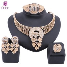 Fashion Dubai Gold Crystal Jewelry Sets for Women Wedding Bridal Necklace Earrings Bangle Ring Jewellry