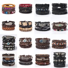 Strand Vintage Multi-layer Leather Bracelet Set Gothic Skull Star Eye Wing Metal WAX CORD Jewelry Wholesale For Men