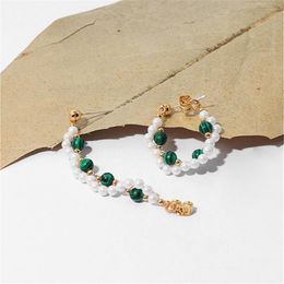 Stud Earrings Ins Vintage Temperament Artificial Pearl Malachite Ear Studs Personality Earring Brass Gold Plated Ladies Fashion Jewellery Gift