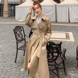 Trench Women's Coat Long Windbreaker 2022 Spring Autumn Jacket Ladies Cloak Khaki Satin Fabric Highend Fashion Lapel Trench Female