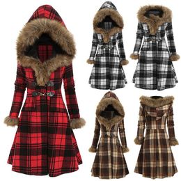 Blends 2021 Women Autumn Winter Plaid Woollen Coats Long Slim Jackets Dress A Line Casual Fur Hooded Outewear Female Warm Gothic Tops