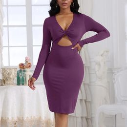 Casual Dresses Ladies Dress 2023 Fall Midi Women Sexy Wrap Chest Hollow Out Long Sleeve Solid Color Slim Female Elegant Party