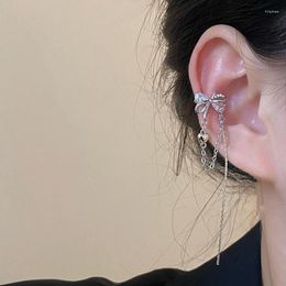 Backs Earrings VSnow Ins Style CZ Zirconia Bow-knot Long Tassel Chain Metal Clip Earings For Women Heart Jewelry Accessories