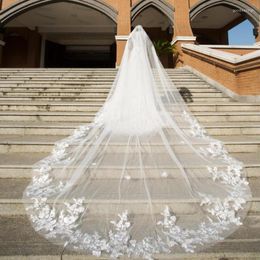 Bridal Veils Real Po 4 Meters One Layer Wedding Veil With Comb White Lace Edge Ivory Appliqued Cathedral M2023